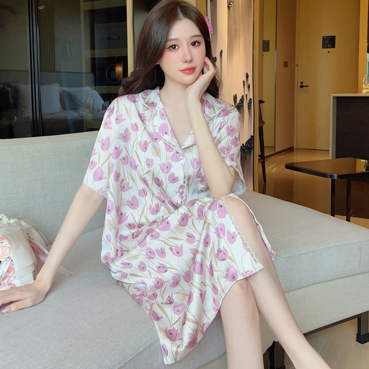 (2개) 모넬 아이스 실크 잠옷 결합 된 짧은 소매 나이트 드레스 자카드 레오파드 파자마 섹시한 셔츠 홈웨어 공장 상점