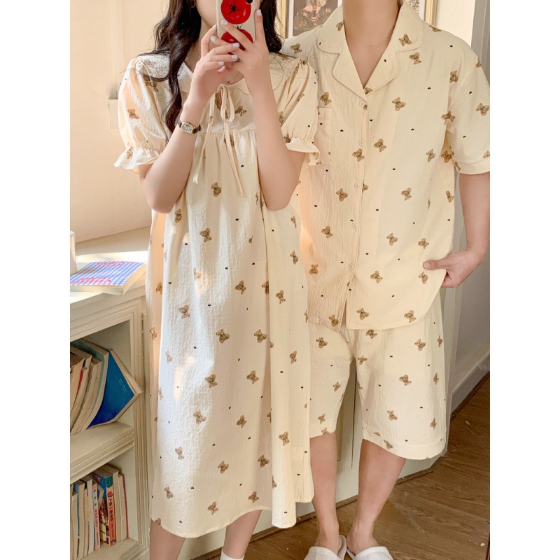 韩国chic女士夏季情侣装度假风短袖睡裙洗水棉套头连衣裙女家居服