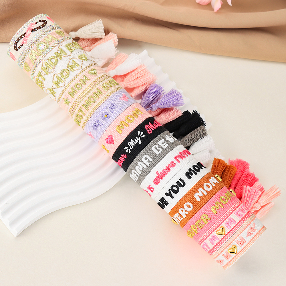 Cross-Border European and American Mother's Day Bracelet with Custom Logo, Letter Rhinestones, Embroidery, Tassel, Woven Hand Rope, Mother's Day Bracelet
