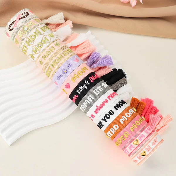 Cross-Border European and American Mother's Day Bracelet with Custom Logo, Letter Rhinestones, Embroidery, Tassel, Woven Hand Rope, Mother's Day Bracelet