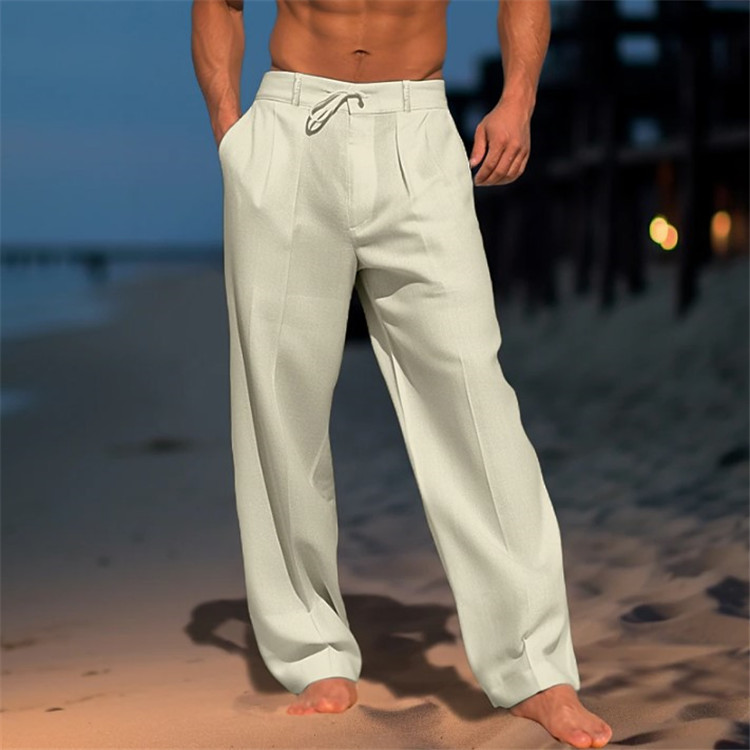 Pantaloni da spiaggia estivi in lino da uomo, tasca frontale, tinta unita, comodi, traspiranti, casual, stile basic per le vacanze quotidiane_voghion.com
