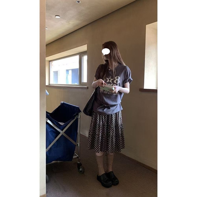 美式复古咖色圆点半身裙女春秋高级感百搭多层拼接蛋糕裙半身裙|undefined