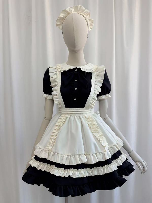 新款日系古早Lolita女仆装甜美短袖连衣裙复古泡泡袖女佣套装|undefined