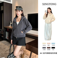 时尚加绒保暖外套奥粒绒秋冬新款高腰宽松显瘦连帽设计感拉链上衣