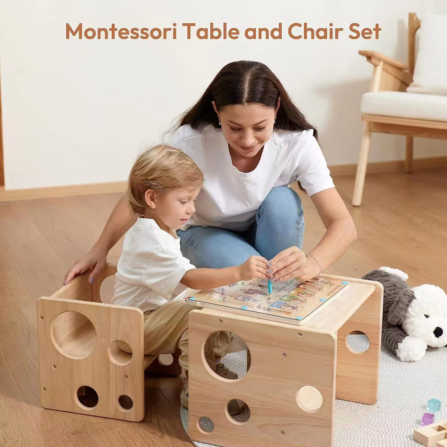 Mesa y silla para bebés de madera sólida, mesa y silla multipropósito para niños de madera sólida, mesa y silla para bebés de madera sólida