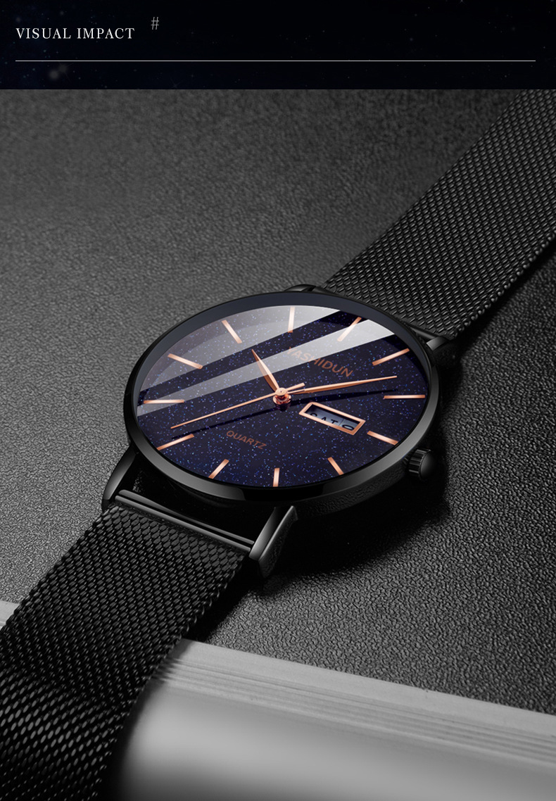Men's quartz watch, waterproof, dual calendar, starry sky design