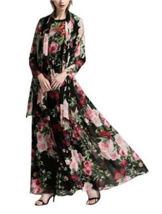 春秋長袖短袖歐美圓領棉印花開衫修身型黑色雪紡休閑套裝