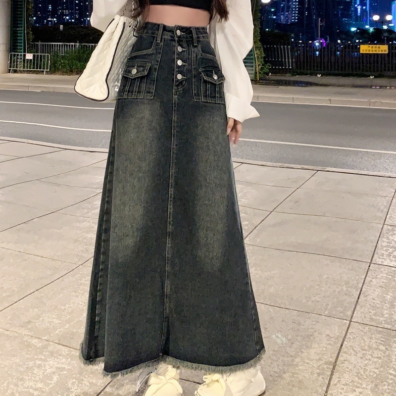 高腰毛边牛仔半身裙女装春秋新款复古设计感小众A字长裙裙子冬季|undefined