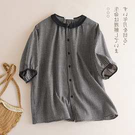 实拍日系棉麻格子短袖衬衫女夏季森系文艺风娃娃领减龄宽松衬衣