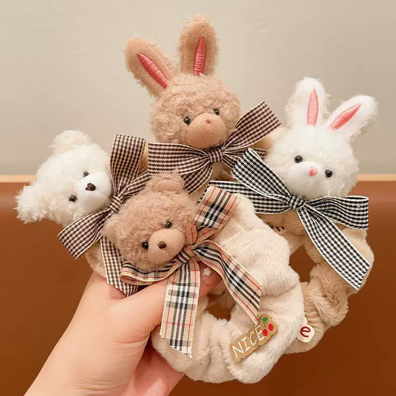 秋冬新款小熊发圈可爱卡通兔子毛绒大肠发圈小女孩丸子头皮筋发饰