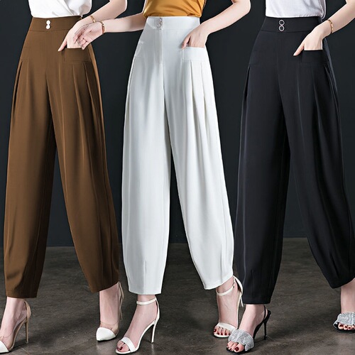 Large size loose Lisse diagonal fabric summer thin cropped pants, high waist casual wide-leg pendant bloomers for women