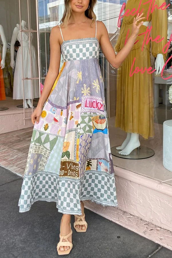 Women's Strap Dress Streetwear Collarless Printing Sleeveless Geometric Letter Plaid Midi Dress Holiday Beach display picture 10