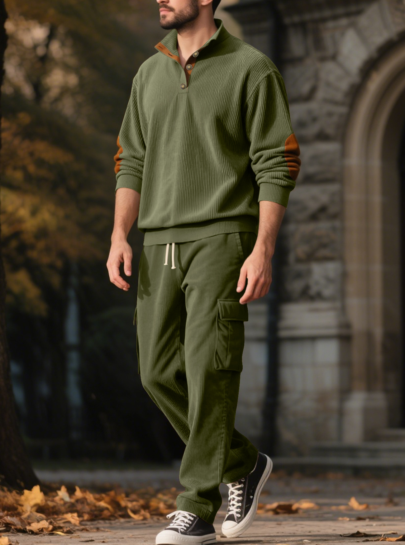 Europa y los Estados Unidos transfronterizos otoño y invierno camiseta de terciopelo jeans estilo americano Henry cuello de control de acceso jersey de trabajo pantalones set hombre