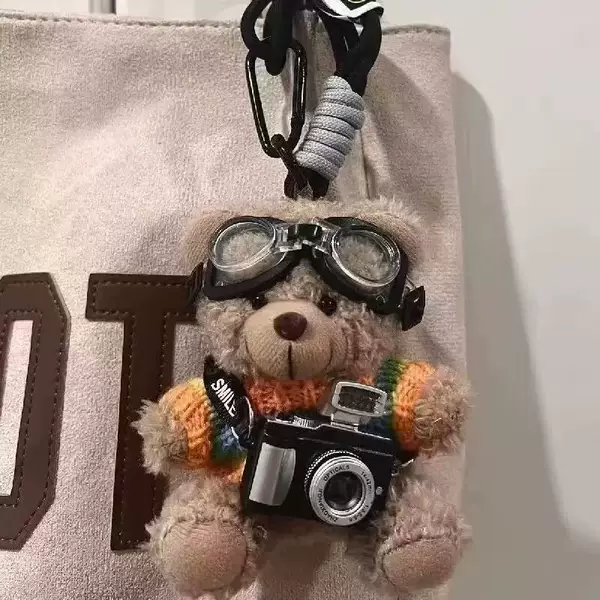 Camera Bear Pendant Bag Decoration Plush Toy Doll Couple Keychain Creative Gift Unisex