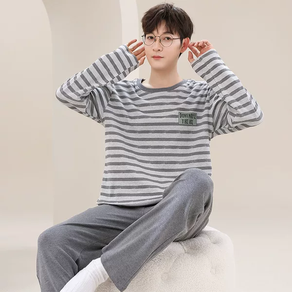 100% cotton men's pajamas spring and autumn pullover long sleeve youth cotton casual home wear outer wear suit