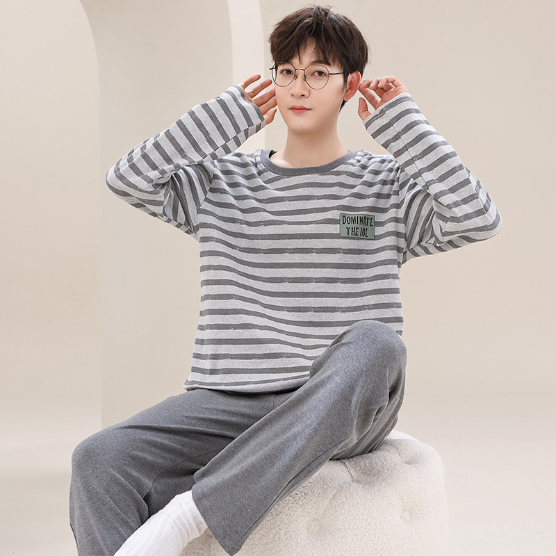100% cotton men's pajamas spring and autumn pullover long sleeve youth cotton casual home wear outer wear suit 100% cotton men's pajamas spring and autumn pullover long sleeve youth cotton casual home wear outer wear suit