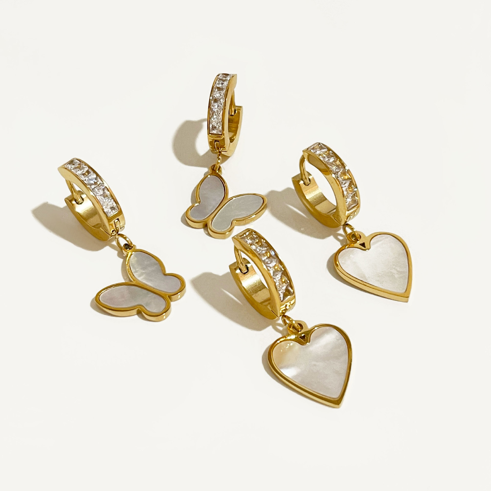 Fashion Heart Shape Butterfly Stainless Steel Shell Plating Inlay Zircon Drop Earrings 1 Pair