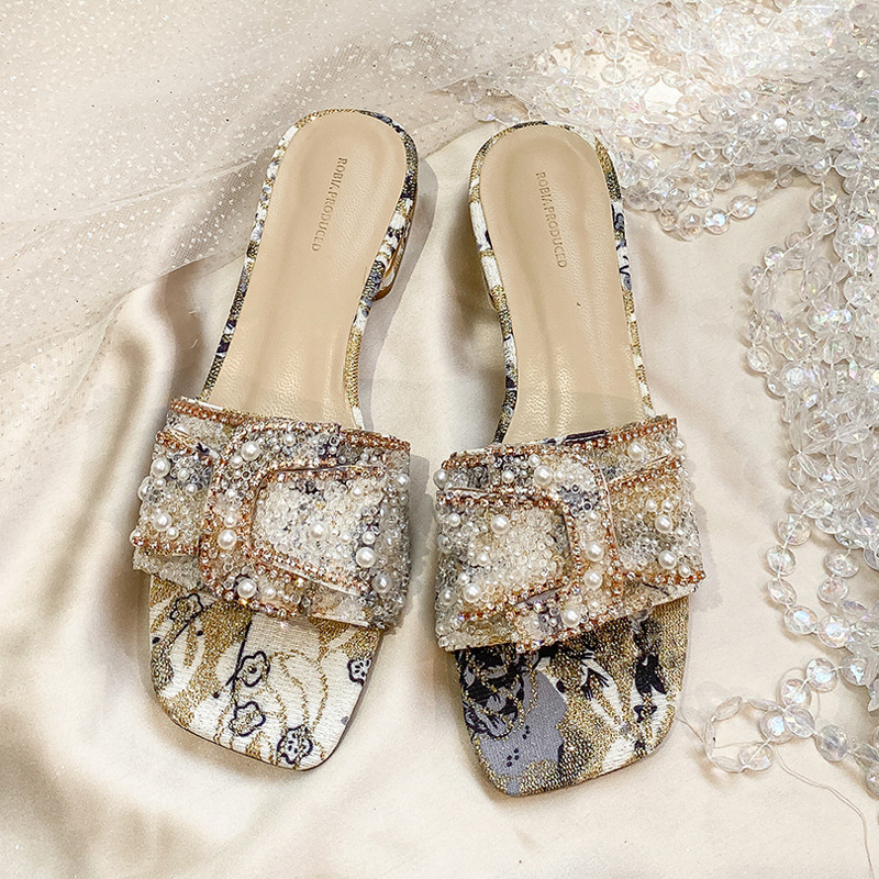 Damessandalen met dikke hak, strasssteentjes, platte teenslippers, zomerse mode bovenkleding_voghion.com