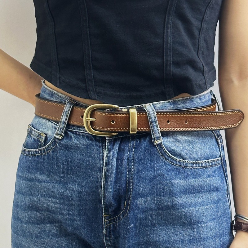 2.8cm Wide Women's Decorative Genuine Leather Belt, Pin Buckle Pure Cowhide Retro Korean Style Fashion Versatile Denim Belt - Thumbnail 3