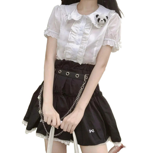 Sweet Little Girl's White Collared Shirt, Trendy Edge Short Sleeve Top, New Style for 2025