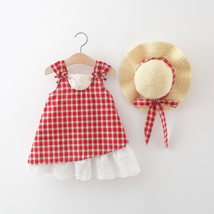2024 summer new plaid suspenders straw hat skirt girls hem lace cotton skirt with straw hat