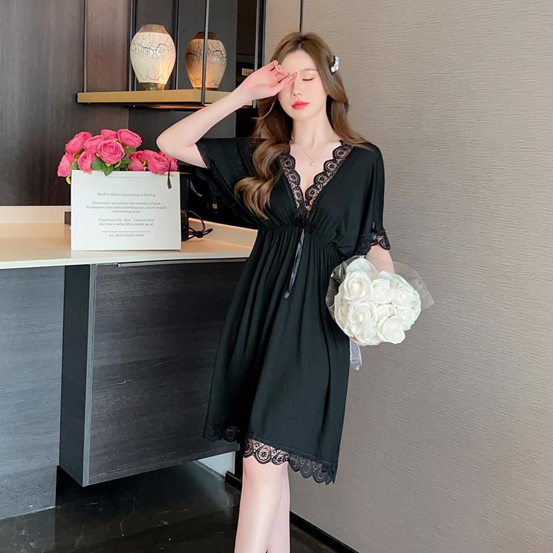 2023 verano pijamas chica manga corta de encaje sexy camisón Delgado profundo V modal dulce homewear