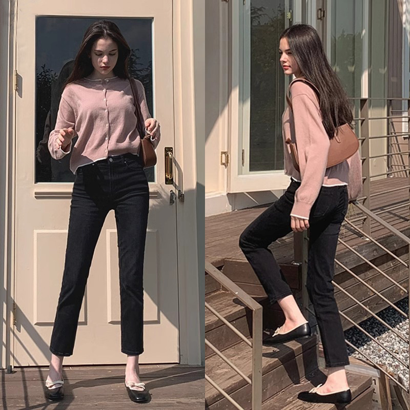 New autumn and winter style plush thickened black straight jeans for women with high waist slim casual and versatile baguettes