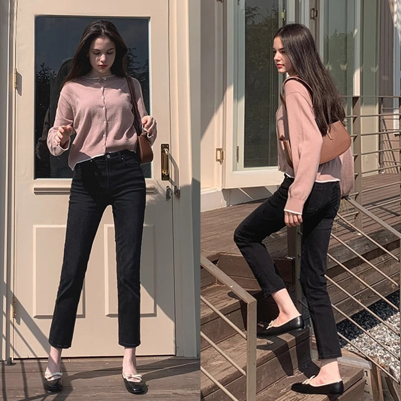 Autumn and Winter new fleece-lined thick black straight jeans women's high waist slimming casual all-match fashionable French pants