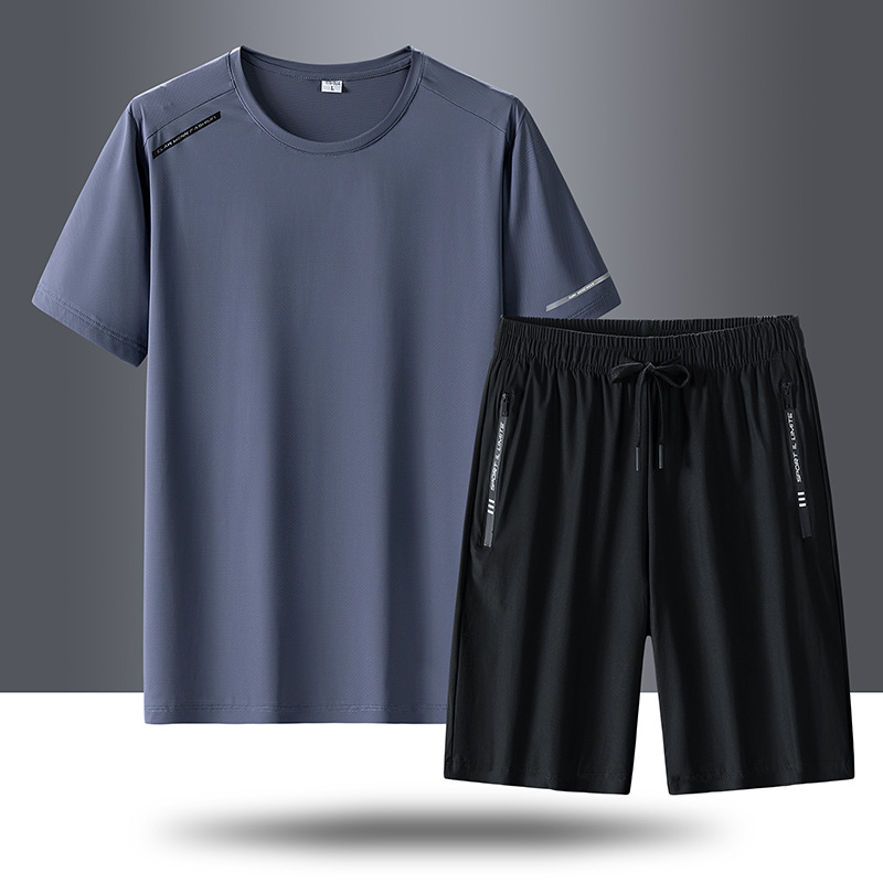 Traje de seda de hielo de deportes de secado rápido para hombres, pantalones cortos de secado rápido de verano para hombres, ropa deportiva de manga corta, pantalones de cinco puntos al por mayor