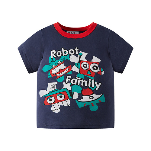  Summer Children's Short Sleeve T-Shirt with Cartoon Print Pattern for Boys, Half Sleeve, Pure Cotton, Single Piece Drop Shipping for Boys