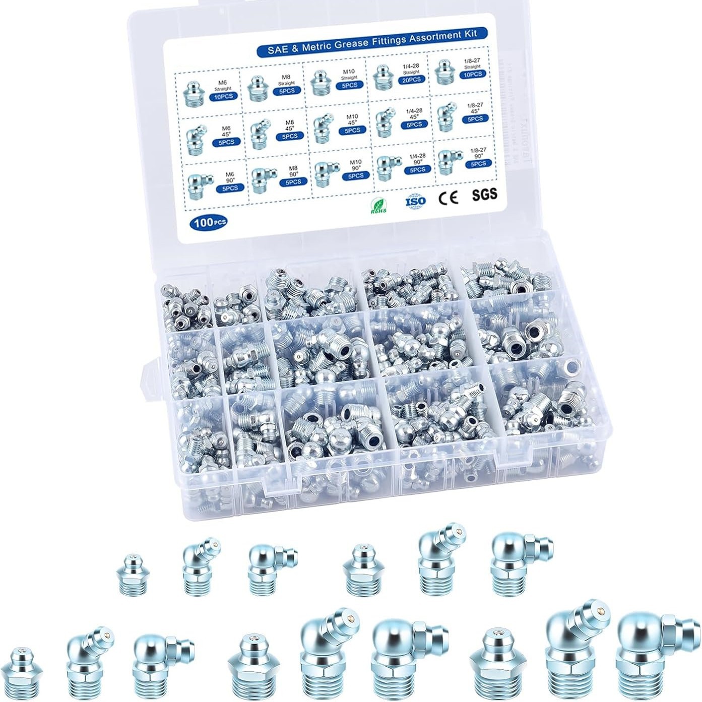 跨境碳钢铁镀锌蓝白锌公制英制美制黄油嘴套装塑料盒装油嘴组套