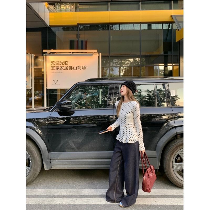 甜美风白色波点长袖T恤女春季气质减龄荷叶边打底衫显瘦内搭上衣|undefined