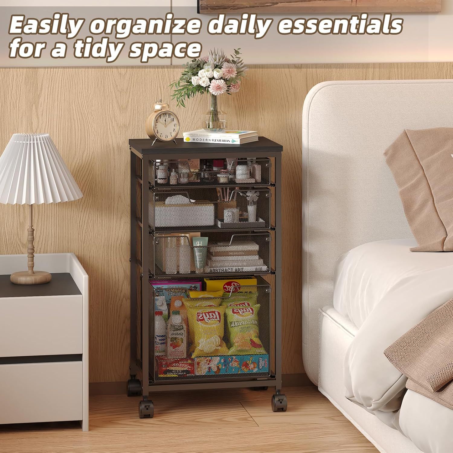 Rolling Storage Cart with Drawers, Wooden Desktop, Practical Cart with Lockable Wheels, Rolling Storage Drawer Cart, Black