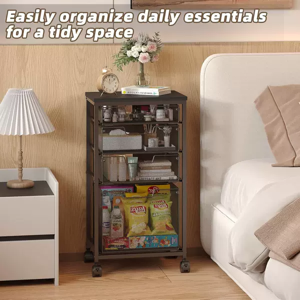 Rolling Storage Cart with Drawers, Wooden Desktop, Practical Cart with Lockable Wheels, Rolling Storage Drawer Cart, Black