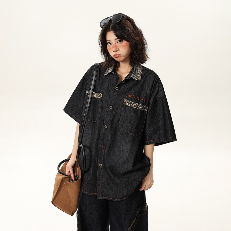 Trendy Brand Design Leopard Print Lapel Denim Short-Sleeved Shirt for Women European and American Retro Loose Loose Bf Casual Shirt for Men