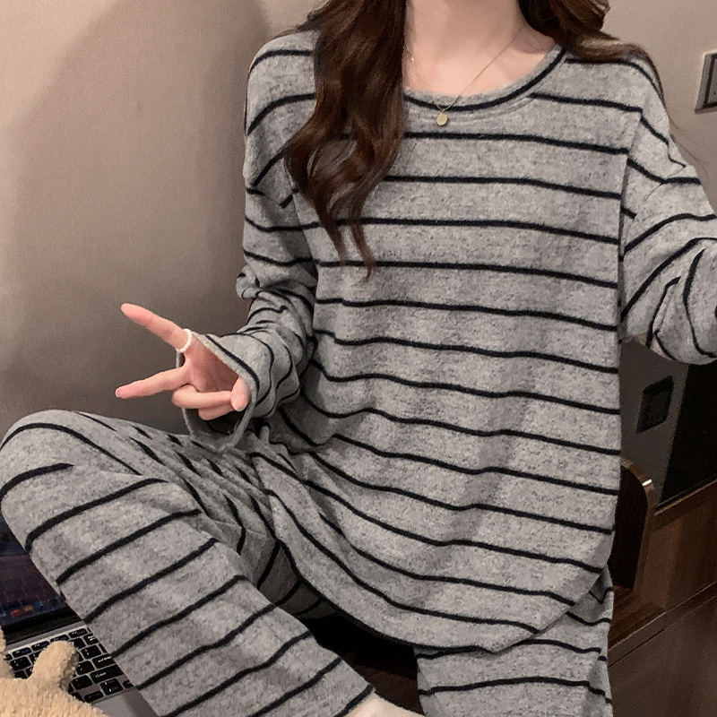 Oh Mida Autumn and Winter Long-Sleeved Pajamas for Women, High-End Cashmere Cotton Korean Stripesd Printed Warm Home Wear Set