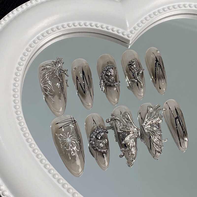 Rongyin butterfly advanced sweet cool hot girl y2g nail art liquid metal smudges Saibo punk dark wear nail piece Rongyin butterfly advanced sweet cool hot girl y2g nail art liquid metal smudges Saibo punk dark wear nail piece