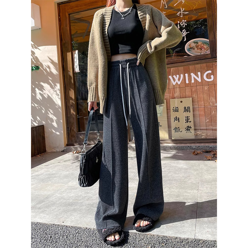 Pantalones de lana para mujeres otoño y invierno 2024 pantalones de cintura alta con estripes casuales, pantalones rectos de forma estrecha, pantalones de piernas anchas, trajes universales