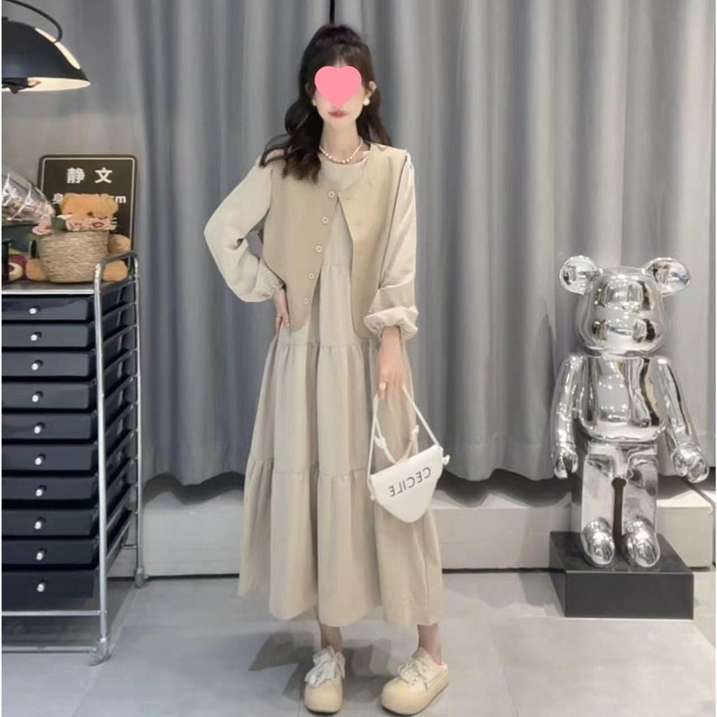 气质温柔奶茶色连衣裙马甲套装女春秋新款显瘦减龄时尚裙子两件套|undefined