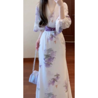 墨染紫梦自制氛围感神明少女碎花连衣裙收腰显瘦气质长裙v领茶歇