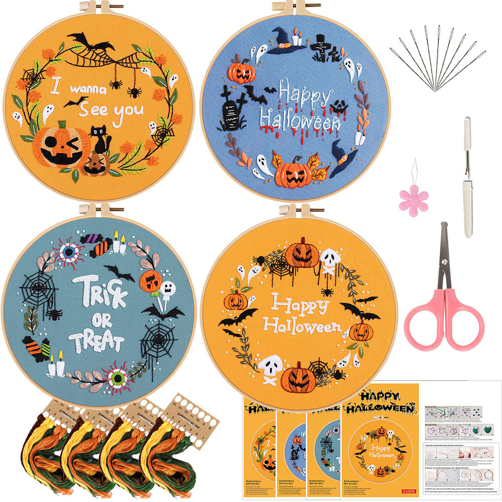 Original nuevo paquete de materiales bordados DIY a mano 2025 Halloween murciélagos calabaza gatos combinación de inglés transfronterizo