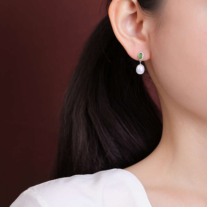 Bông tai nữ đính ngọc trai nước ngọt mạ vàng bạc S925 hình trứng — Kiểu màu bạc, Kiểu màu vàng