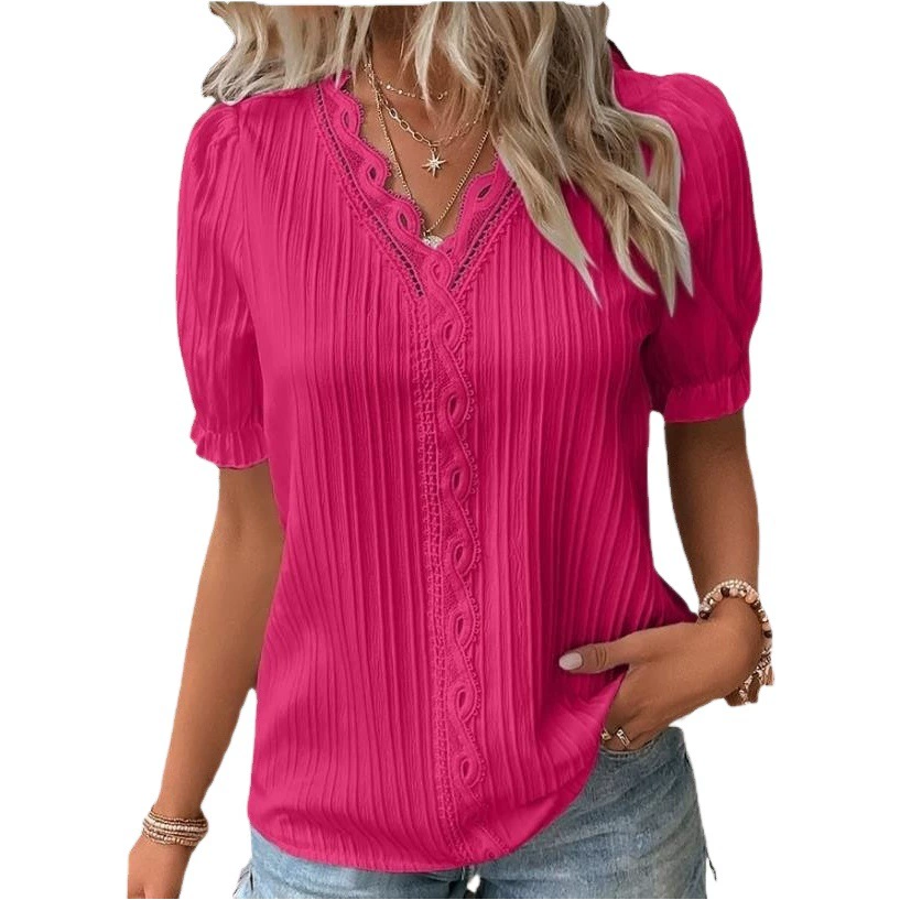 Amazon Independent Station Трансграничная Внешняя торговля 2023 Летняя Новая праздничная модная полая женская рубашка с короткими рукавами из Европы и Америки