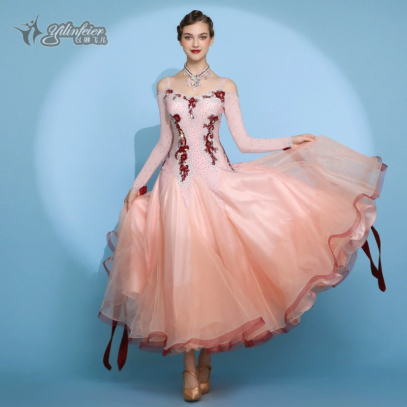 Сердцебиение нежный порошок благородный темперамент с длинными рукавами современного танцевального платья S7060 вальс