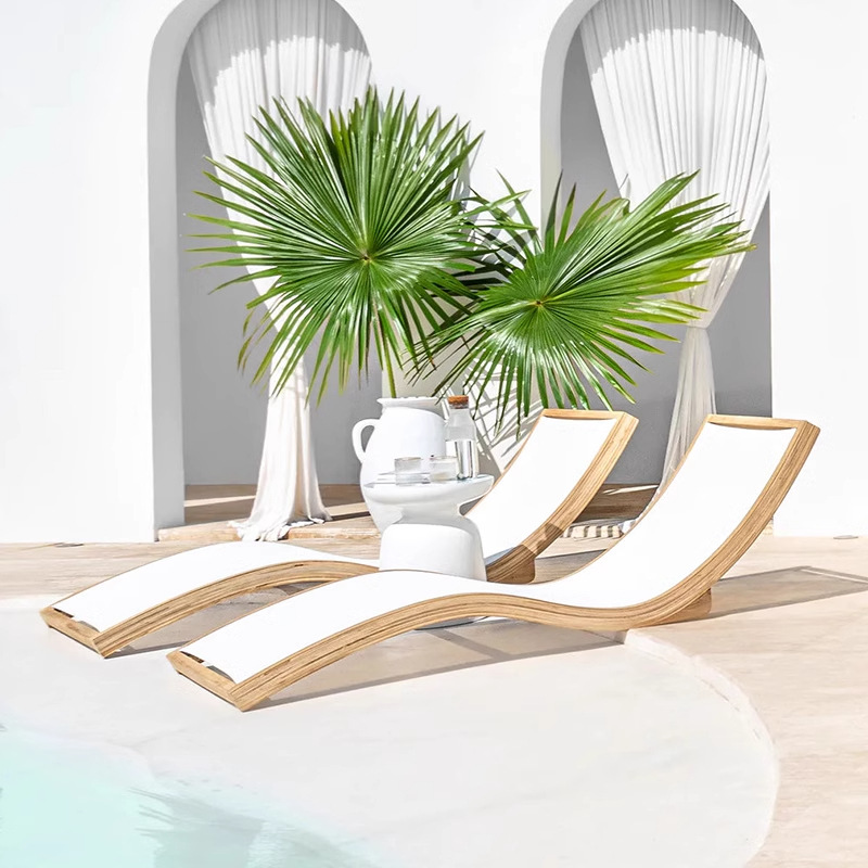 Cama al aire libre patio villa piscina sillón de madera maciza al aire libre terraza impermeable silla de playa de teca junto al mar
