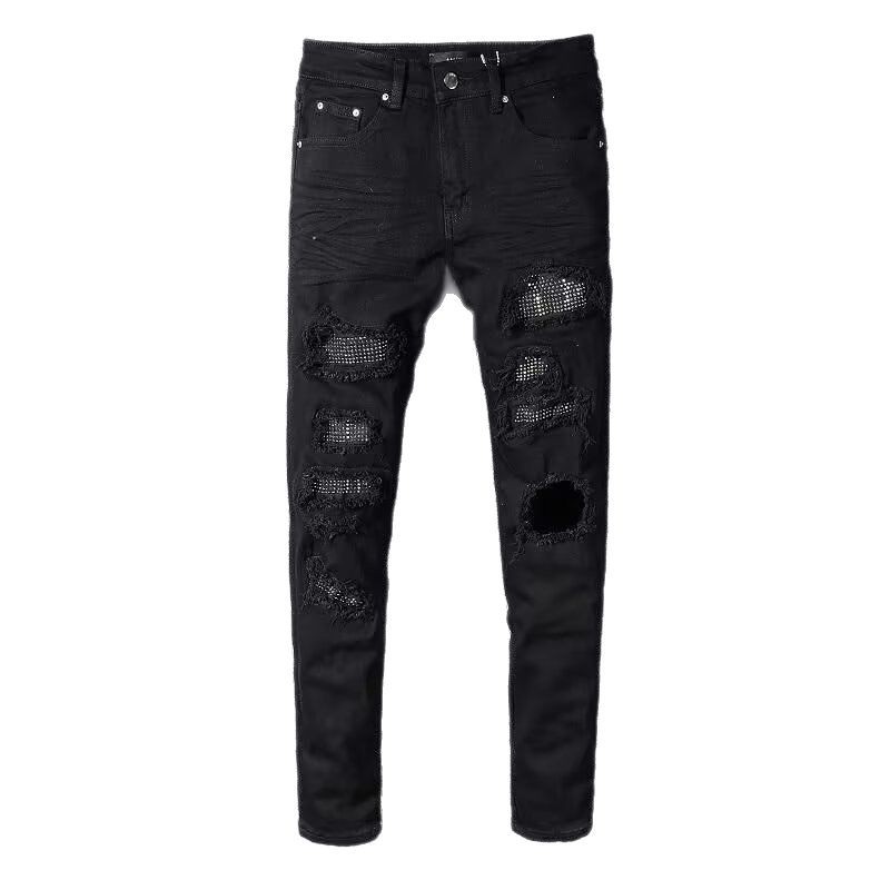 High Street Ripped Rhinestone Jeans For Men Style Slim Fit Straight Leg Casual Trousers Versatile Spring Autumn Popular_viptrois.com