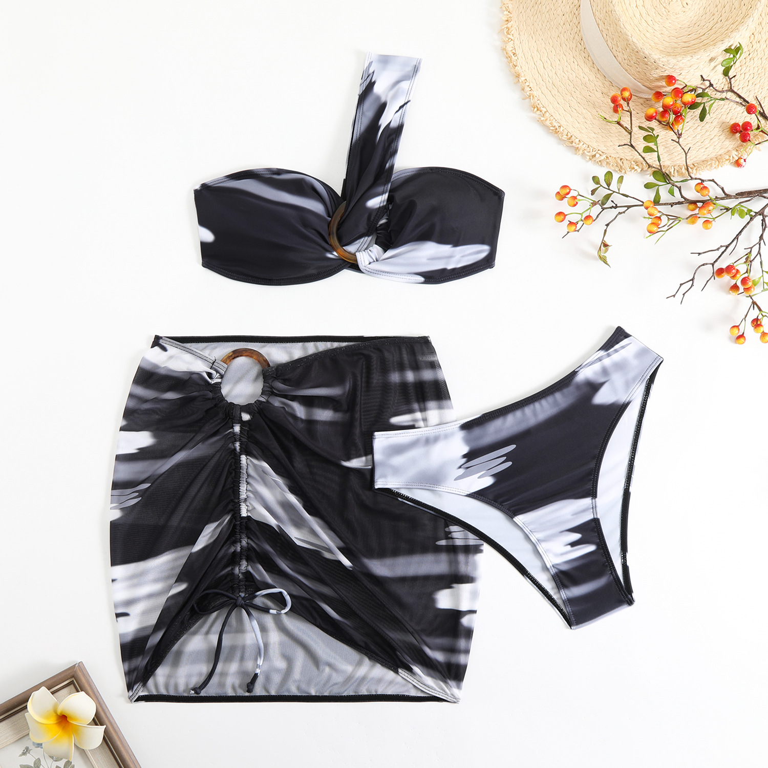 140g Weight Sleeveless Sleeve Length Polyester Fabric Type 3 Pieces Set Quantity Swimming Occasion One Shoulder Neckline Skinny Fit Type Colorful Pattern Women's Gender Sexy Style Women's Sexy Colorful 3 Pieces Set Bikinis Swimwear 11