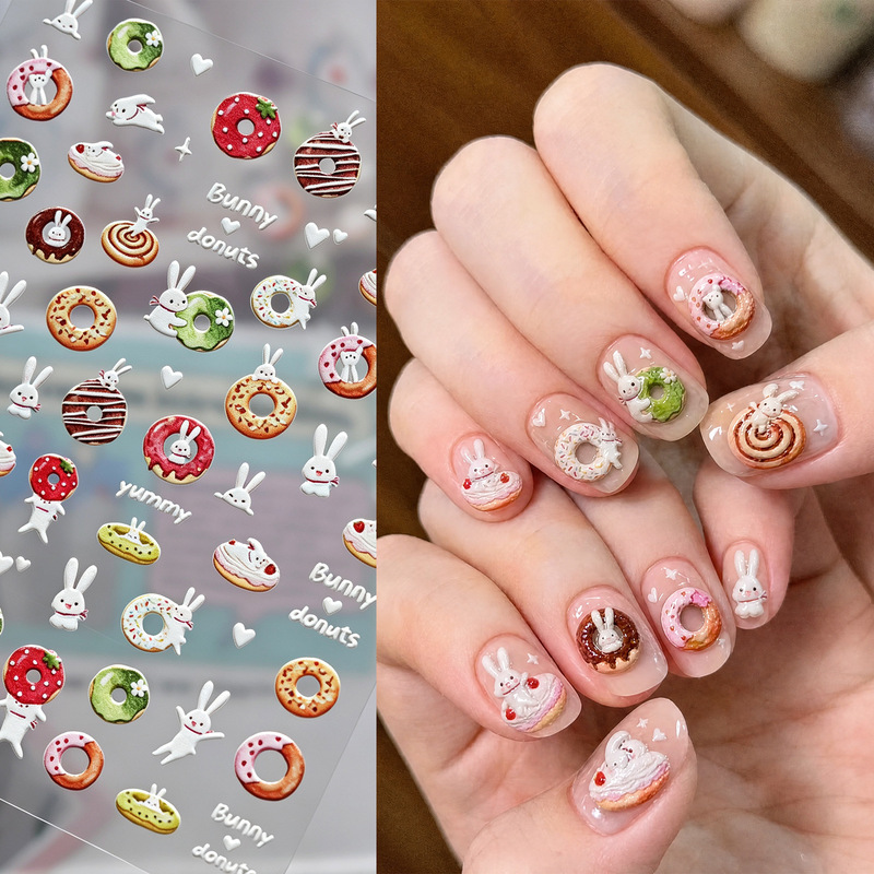 Cross-border Japanese-style cute bunny dessert relief nail art stickers, gentle and versatile donut nail decoration stickers Cross-border Japanese-style cute bunny dessert relief nail art stickers, gentle and versatile donut nail decoration stickers