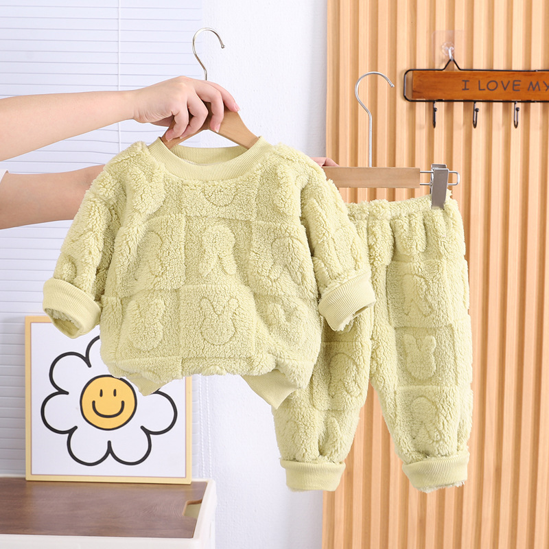 Niños y niñas 2023 nuevo forro polar grueso jacquard cuello redondo pijamas traje de manga larga bebé cálido hogar desgaste conjunto de dos piezas