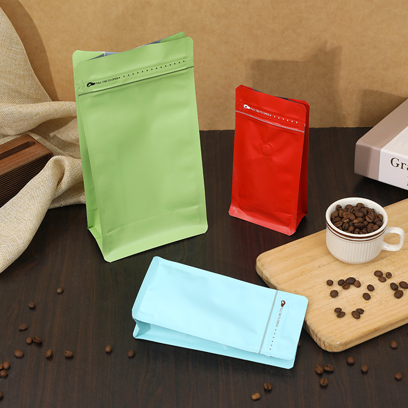 Válvula de escape unidireccional bolsa de frijoles de café 1/4 libra de color de papel de aluminio bolsa de pie en stock cremallera lateral bolsa de café de sellado de ocho lados
